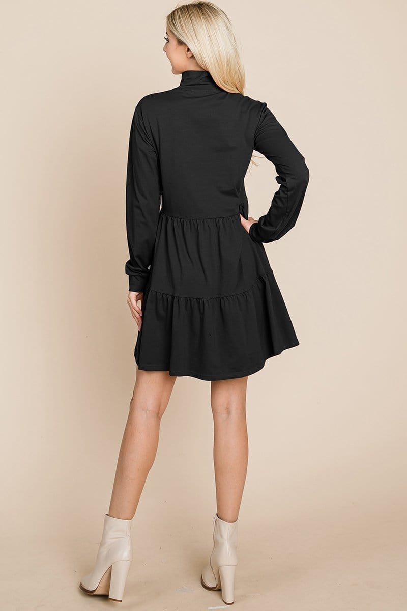 Collared Zipper Front Layered Cotton Shirt Dress