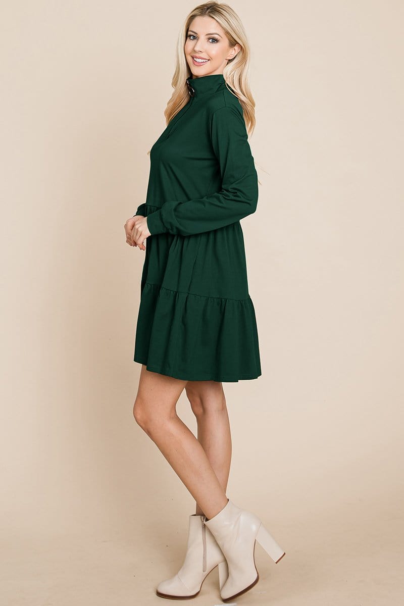 Collared Zipper Front Layered Cotton Shirt Dress