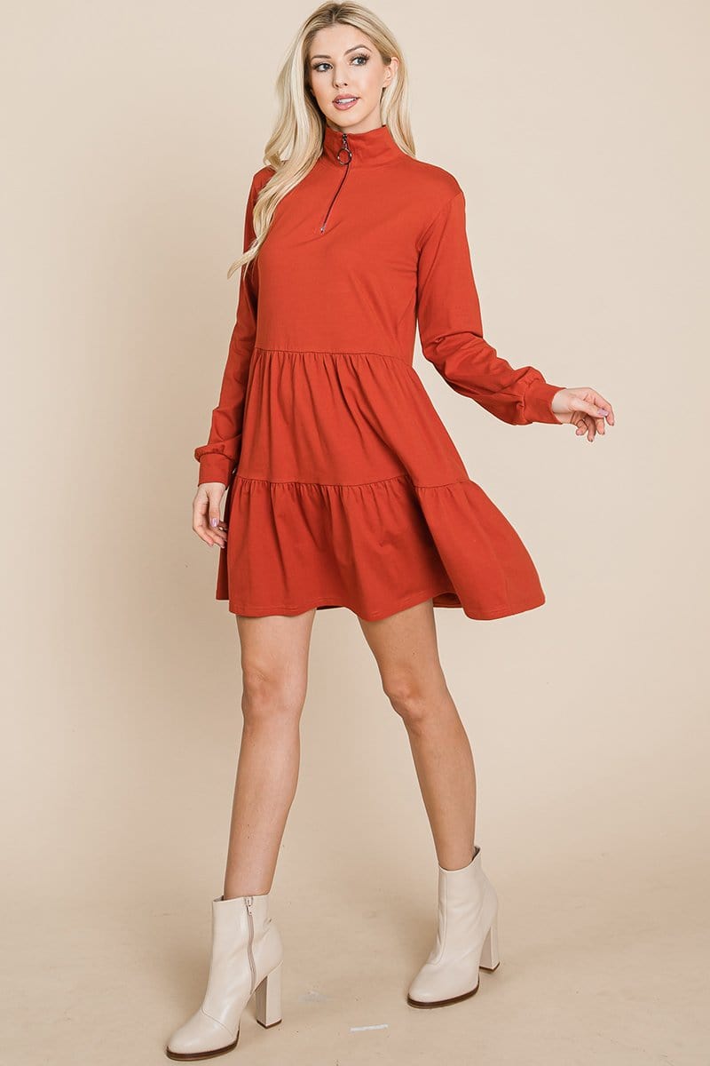 Collared Zipper Front Layered Cotton Shirt Dress