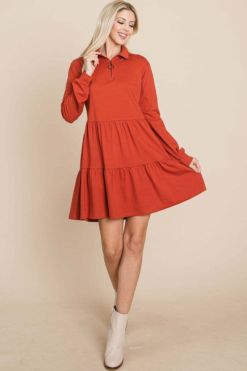 Collared Zipper Front Layered Cotton Shirt Dress