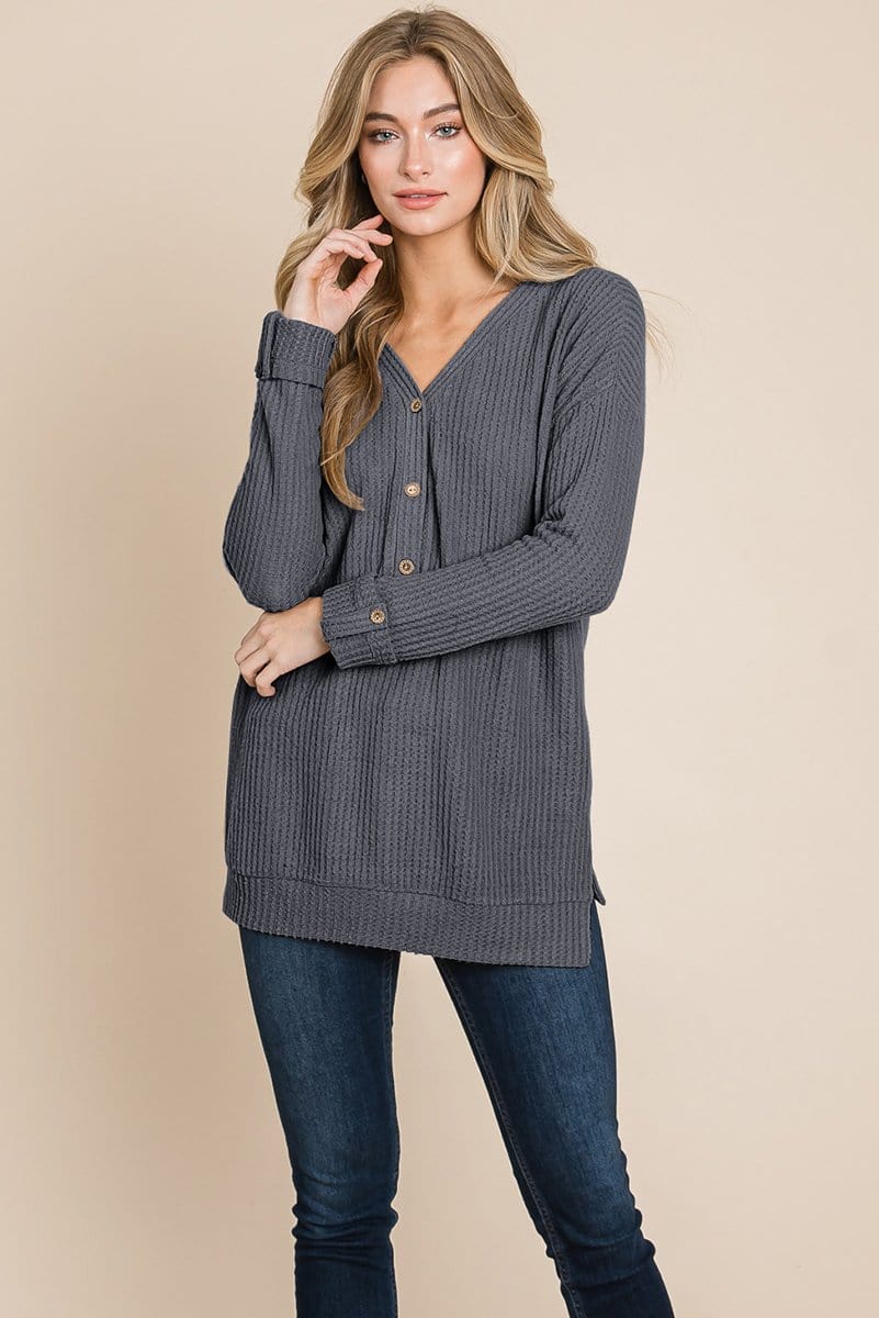 Waffle Brushed V Neck Knit Henley Sweater Sweatshirts