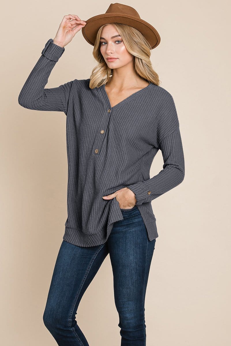 Waffle Brushed V Neck Knit Henley Sweater Sweatshirts