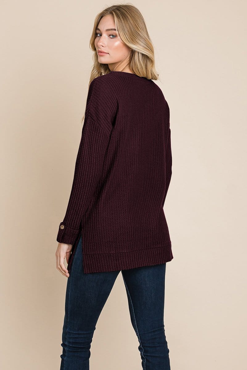 Waffle Brushed V Neck Knit Henley Sweater Sweatshirts