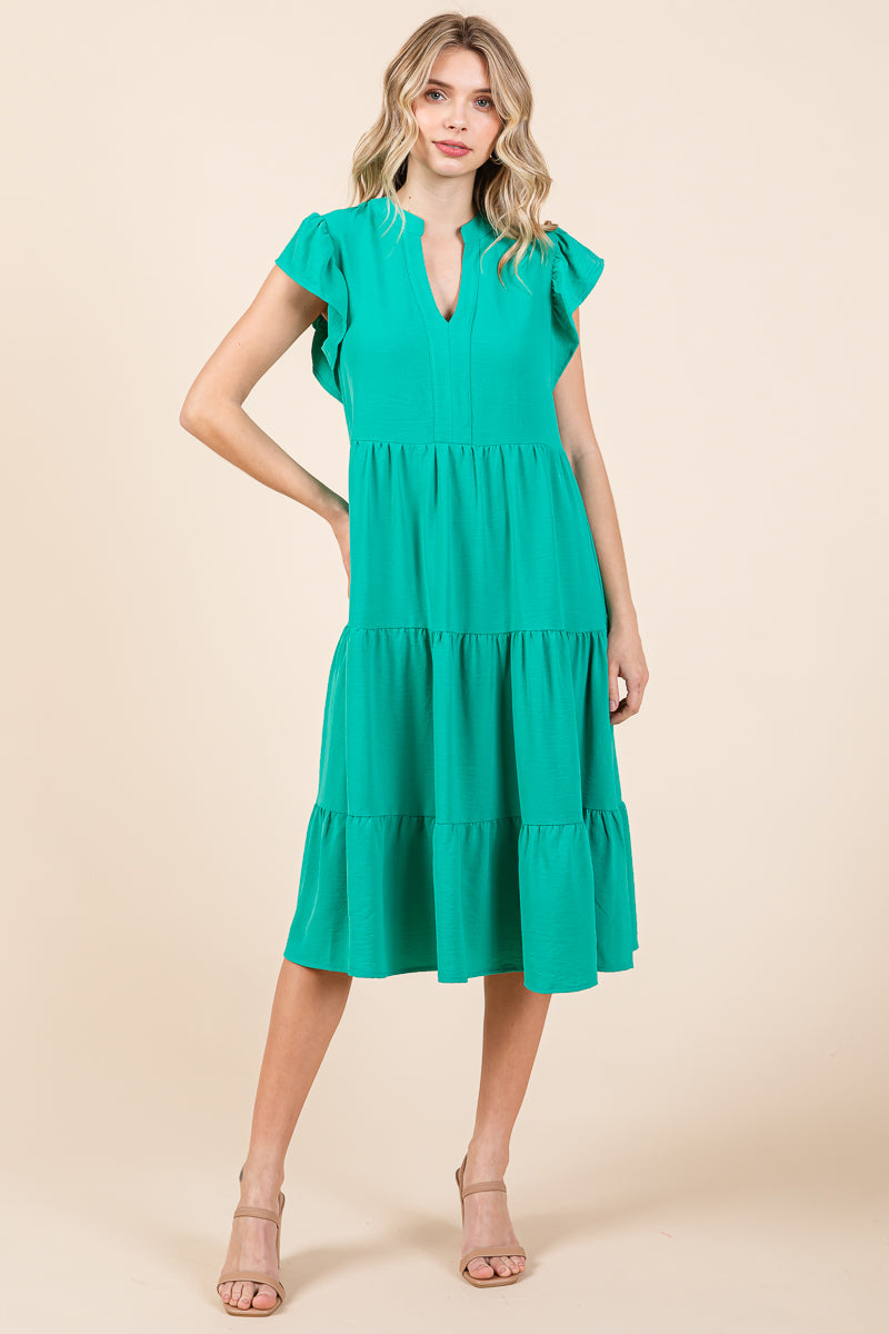 Ruffle Sleeve V neck Tiered Midi Dress, S-3X