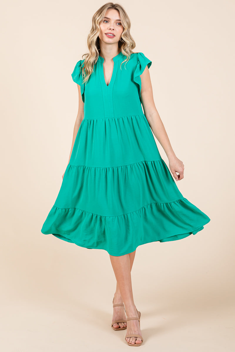 Ruffle Sleeve V neck Tiered Midi Dress, S-3X