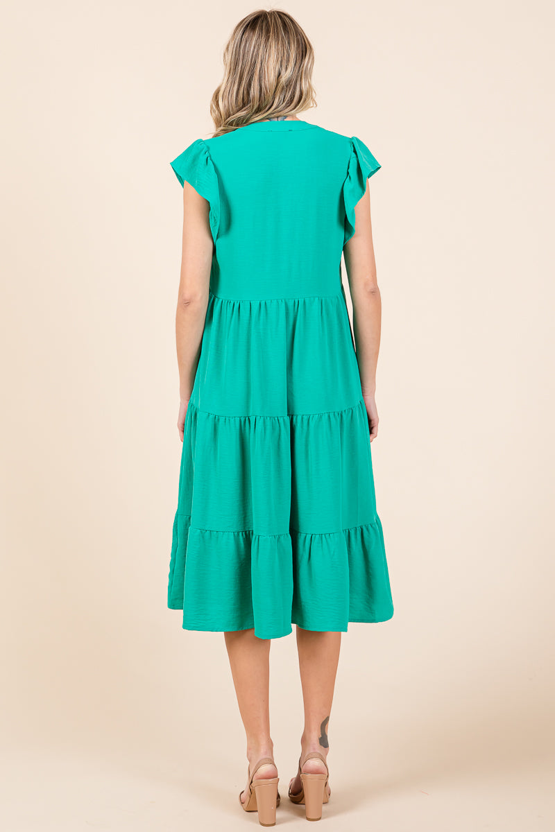 Ruffle Sleeve V neck Tiered Midi Dress, S-3X