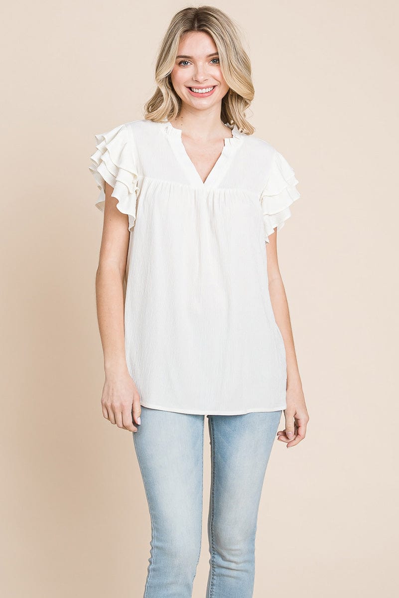 V neck Ruffle Sleeve Textured Shirts Blouses