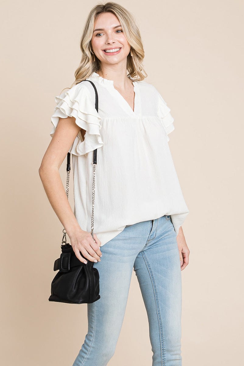 V neck Ruffle Sleeve Textured Shirts Blouses