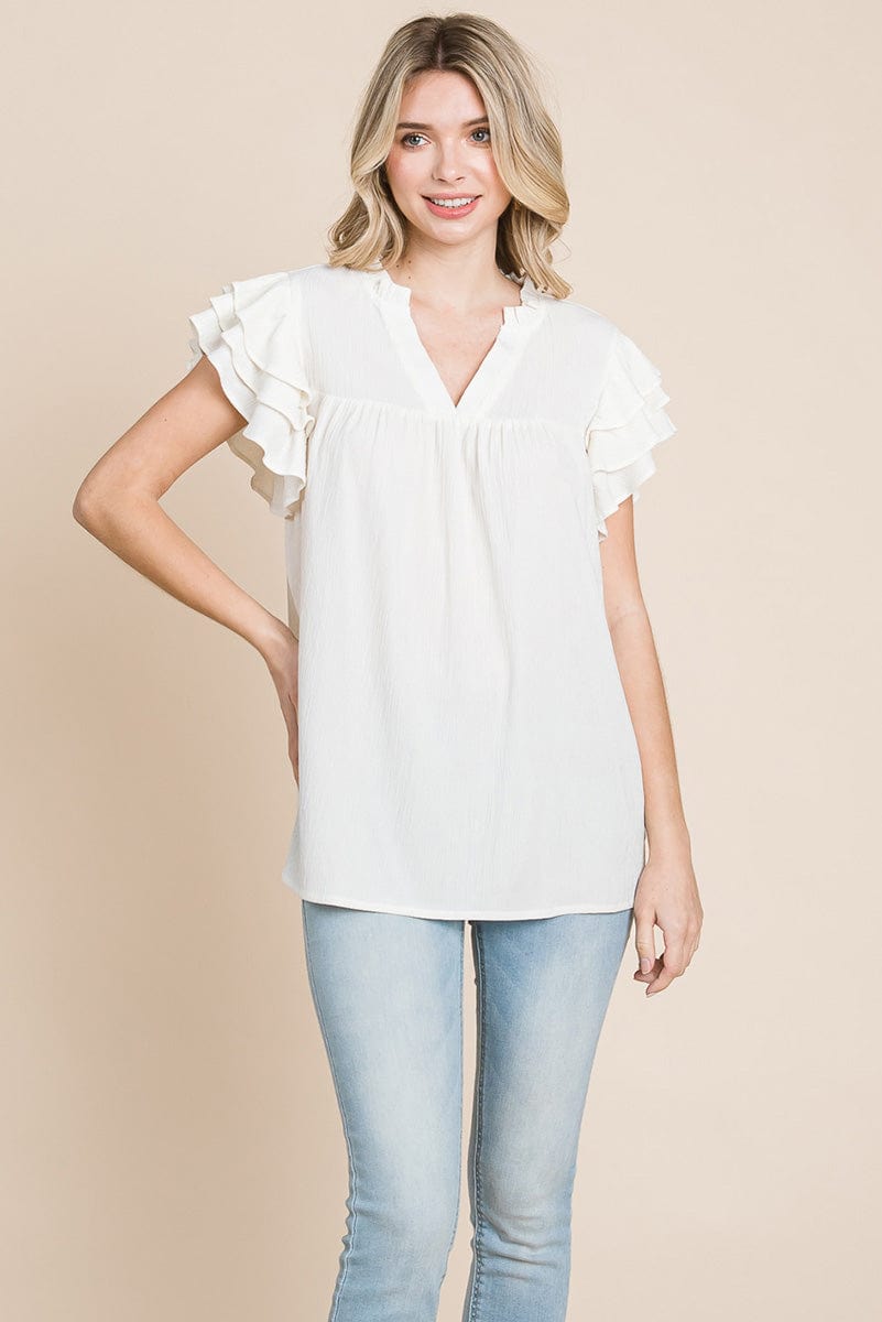 V neck Ruffle Sleeve Textured Shirts Blouses