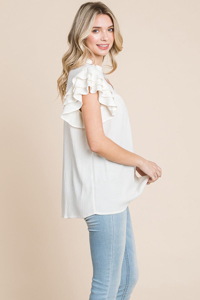 V neck Ruffle Sleeve Textured Shirts Blouses