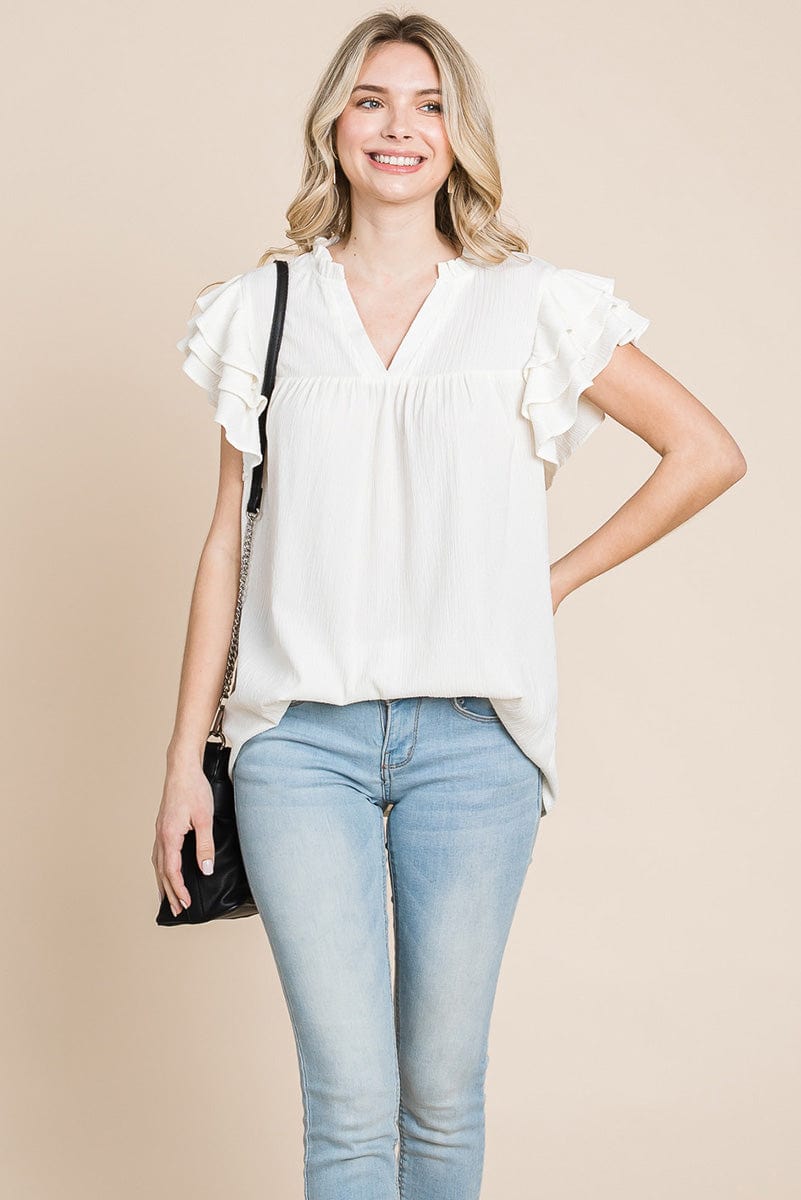 V neck Ruffle Sleeve Textured Shirts Blouses