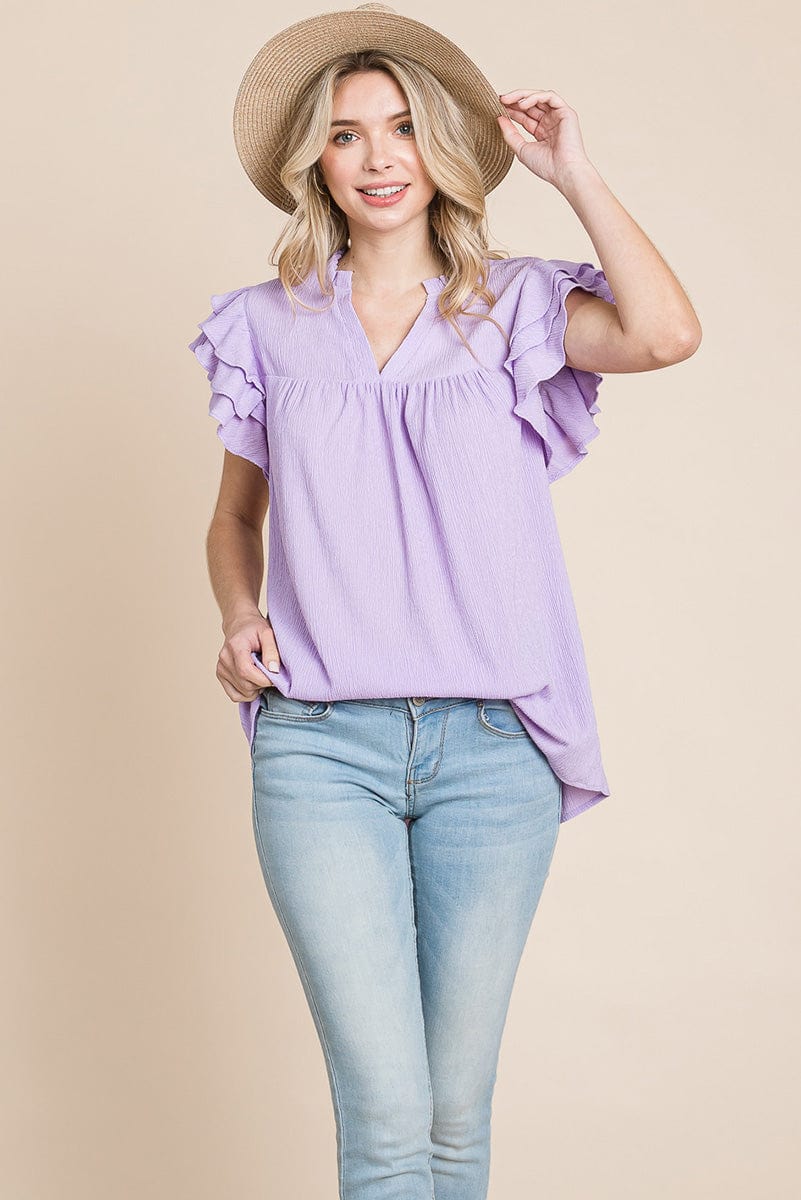 V neck Ruffle Sleeve Textured Shirts Blouses