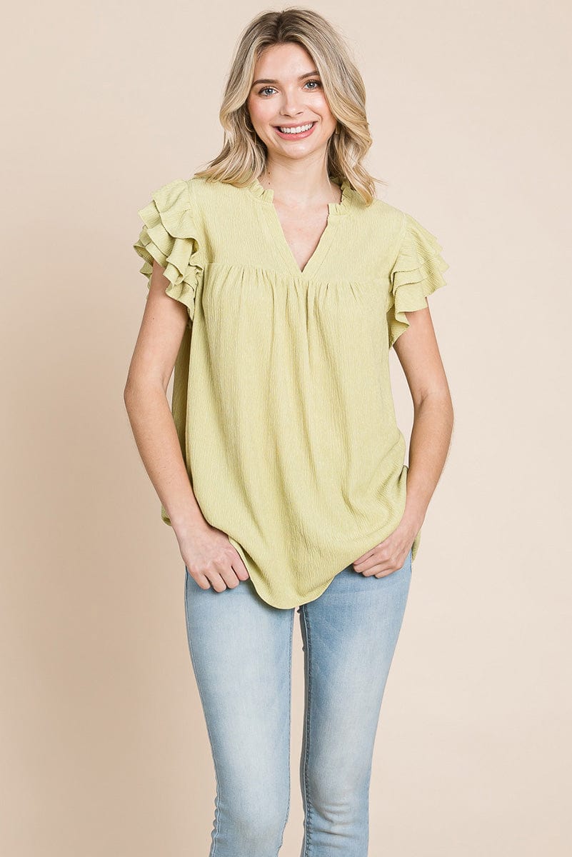 V neck Ruffle Sleeve Textured Shirts Blouses