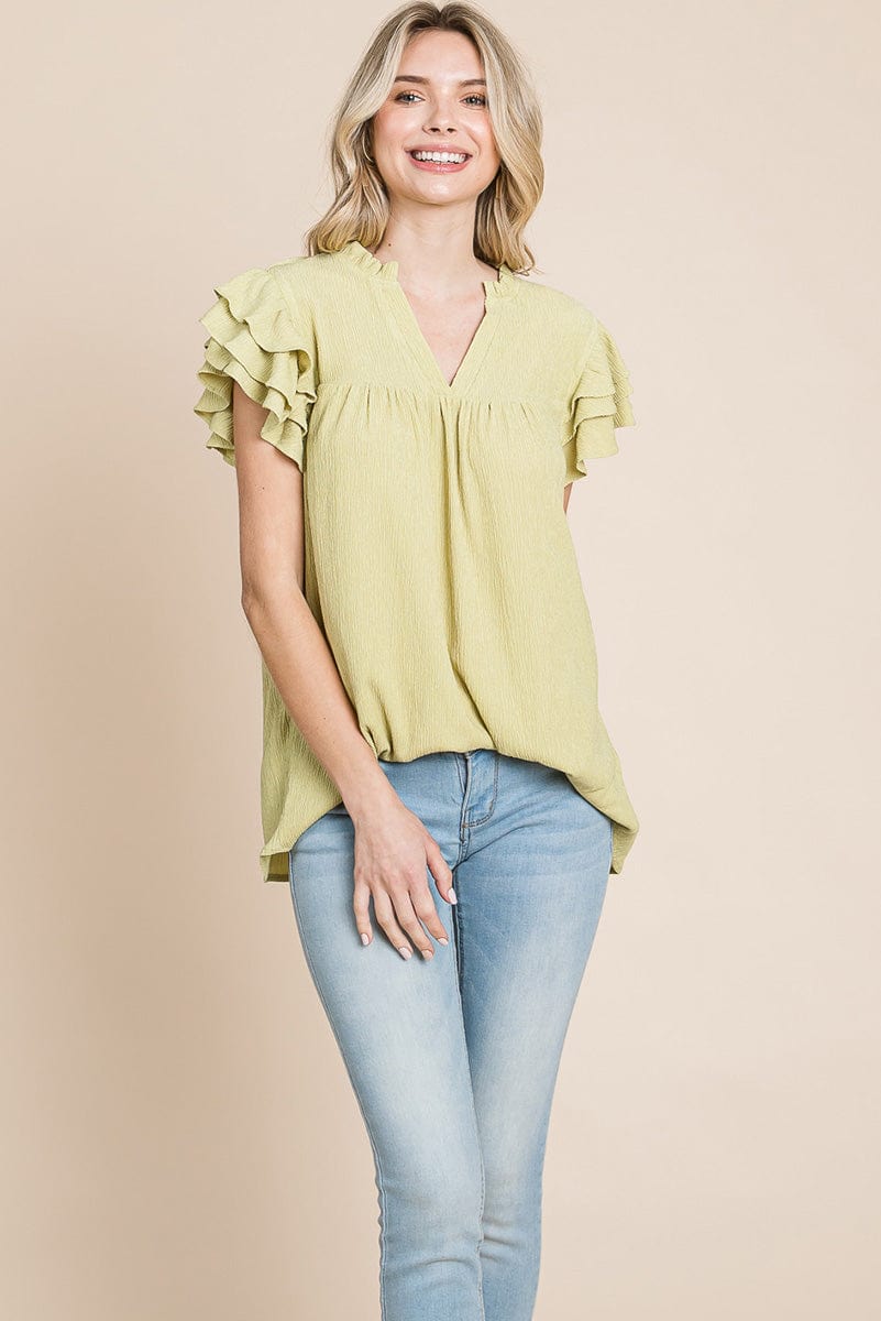 V neck Ruffle Sleeve Textured Shirts Blouses