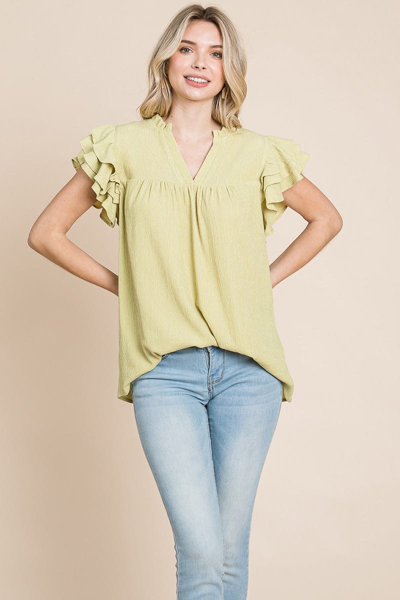 V neck Ruffle Sleeve Textured Shirts Blouses