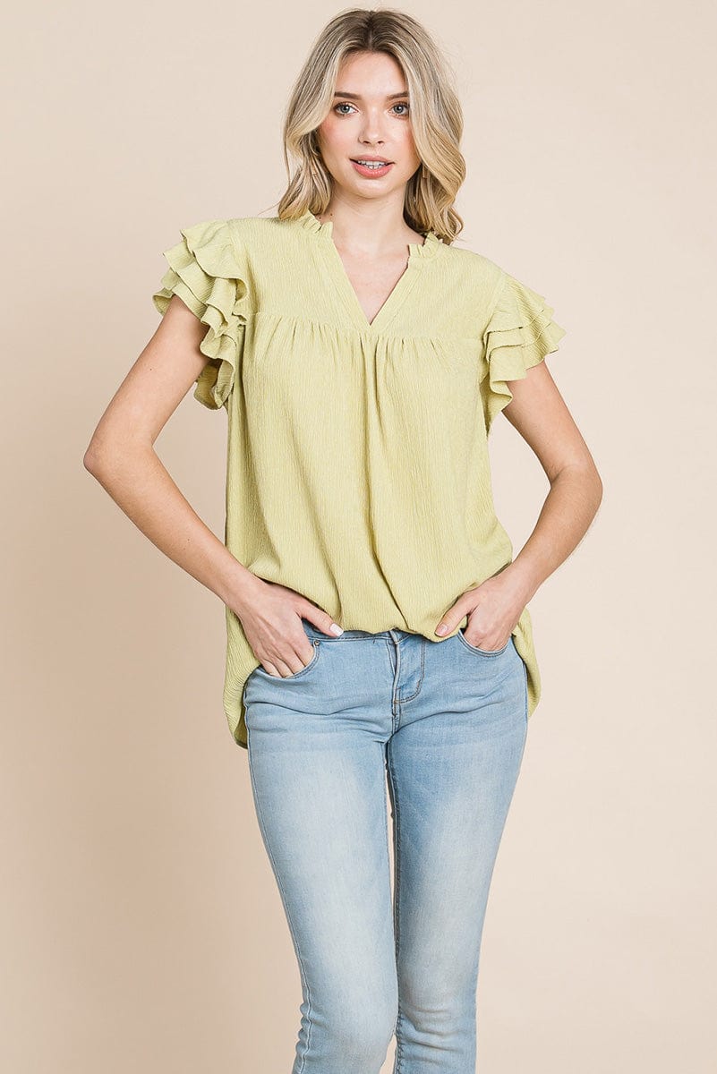 V neck Ruffle Sleeve Textured Shirts Blouses