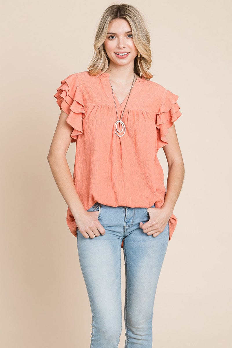 V neck Ruffle Sleeve Textured Shirts Blouses