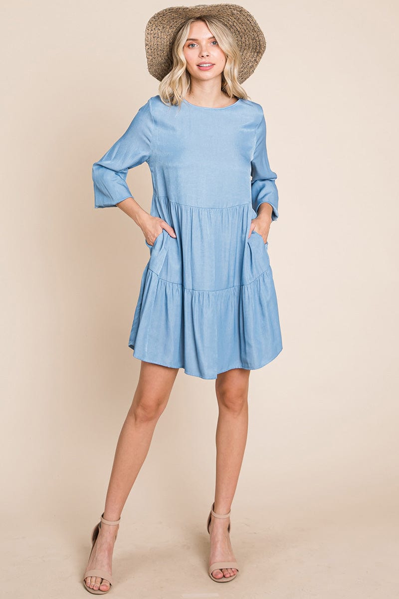 Chambray Pleated Tiered Long Sleeve Dress