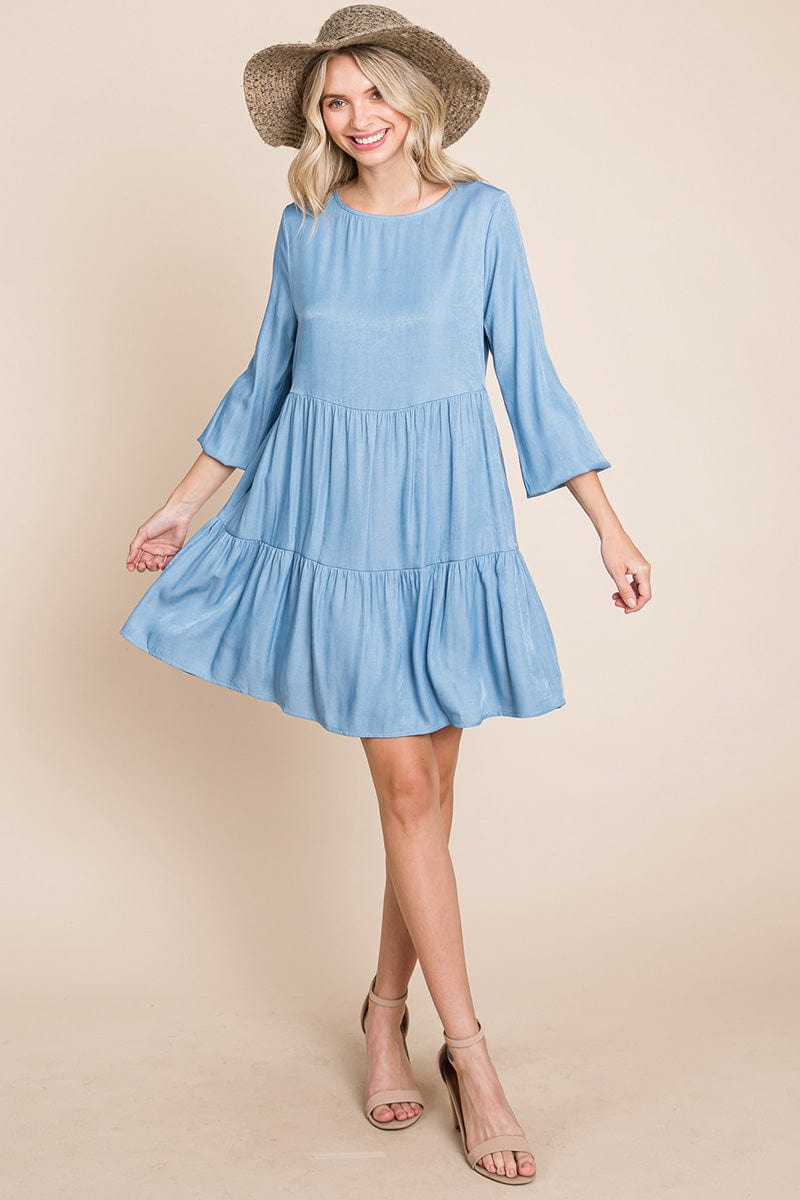 Chambray Pleated Tiered Long Sleeve Dress