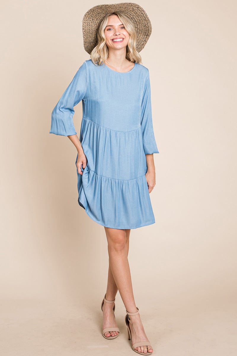 Chambray Pleated Tiered Long Sleeve Dress