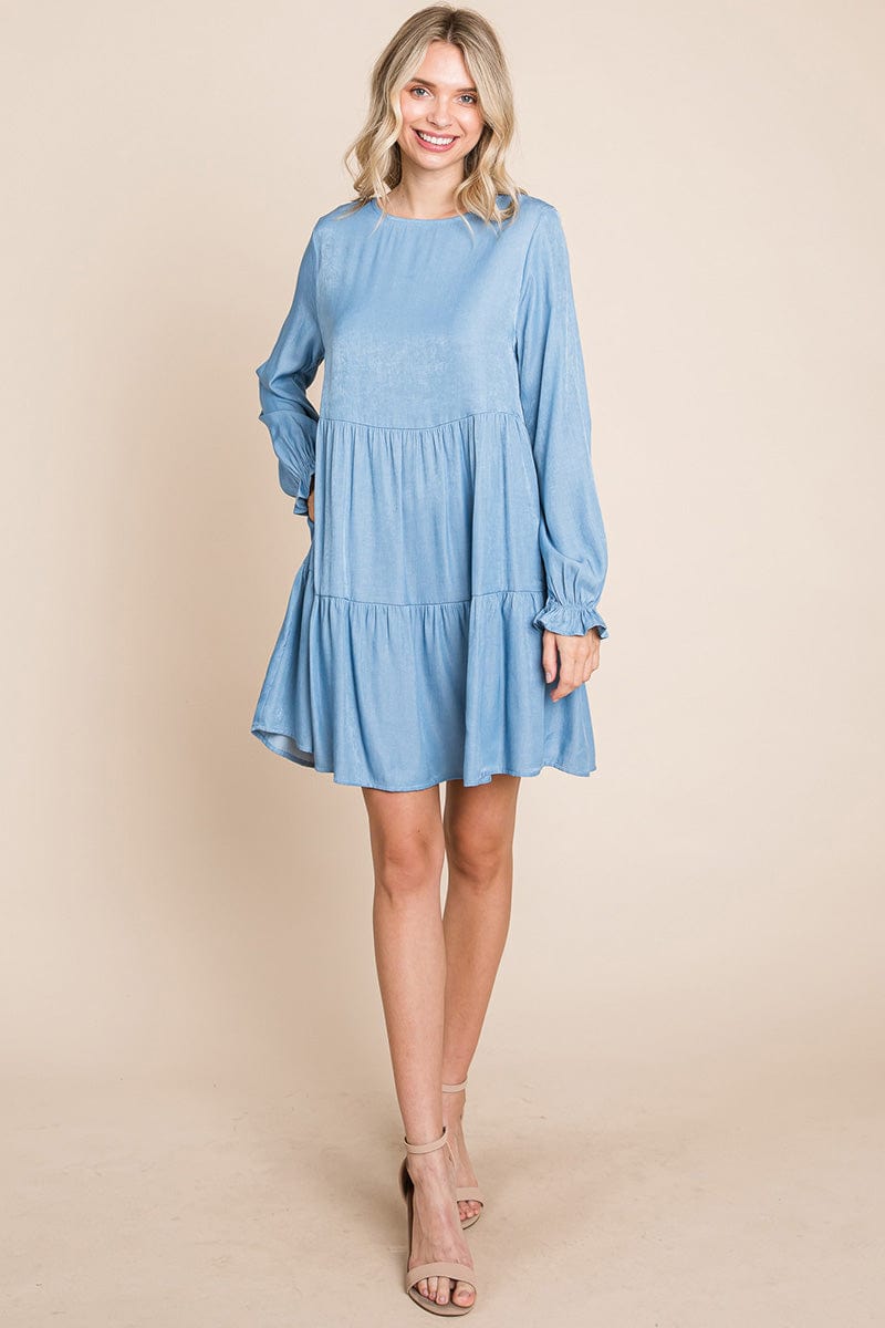 Chambray Pleated Tiered Long Sleeve Dress