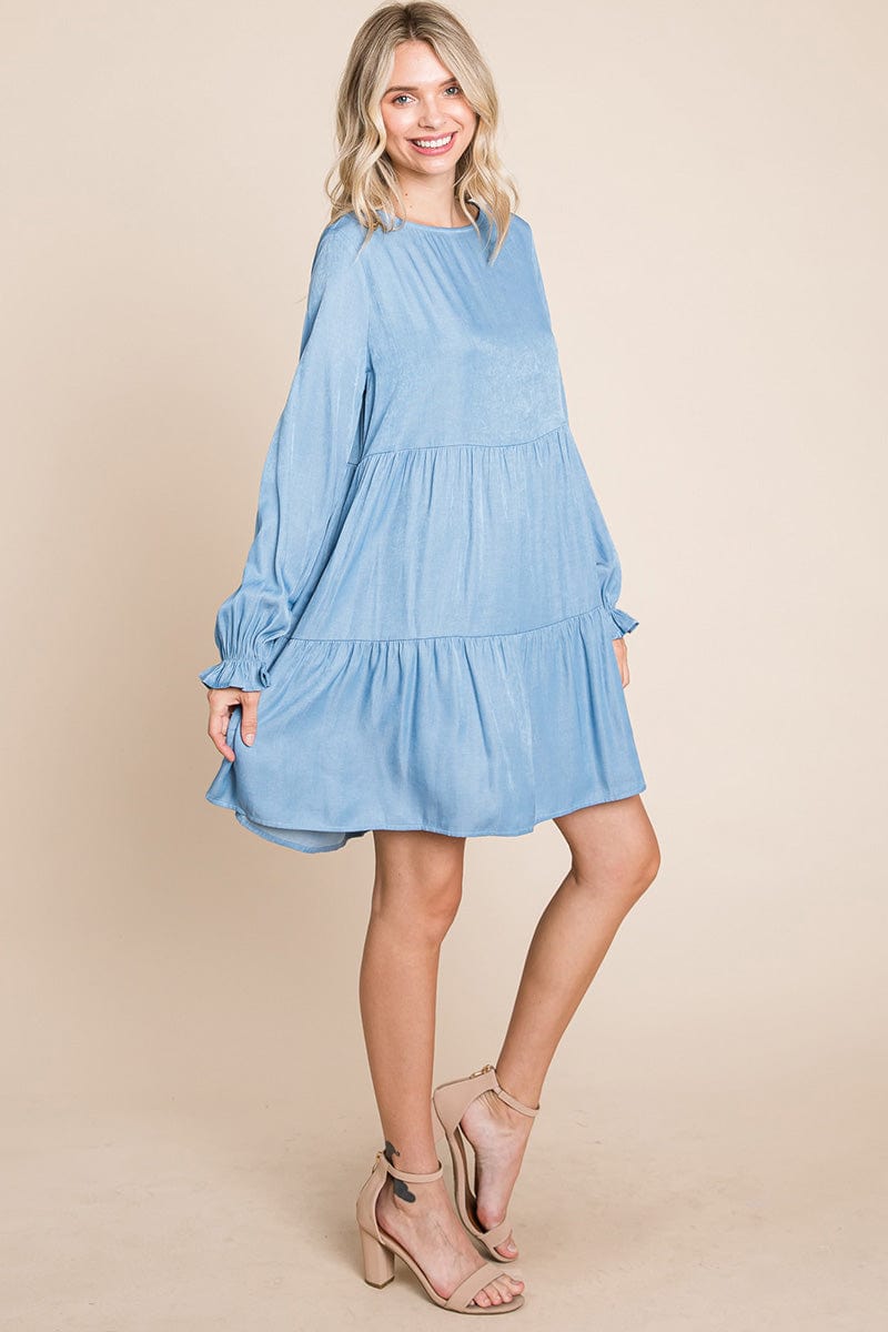 Chambray Pleated Tiered Long Sleeve Dress