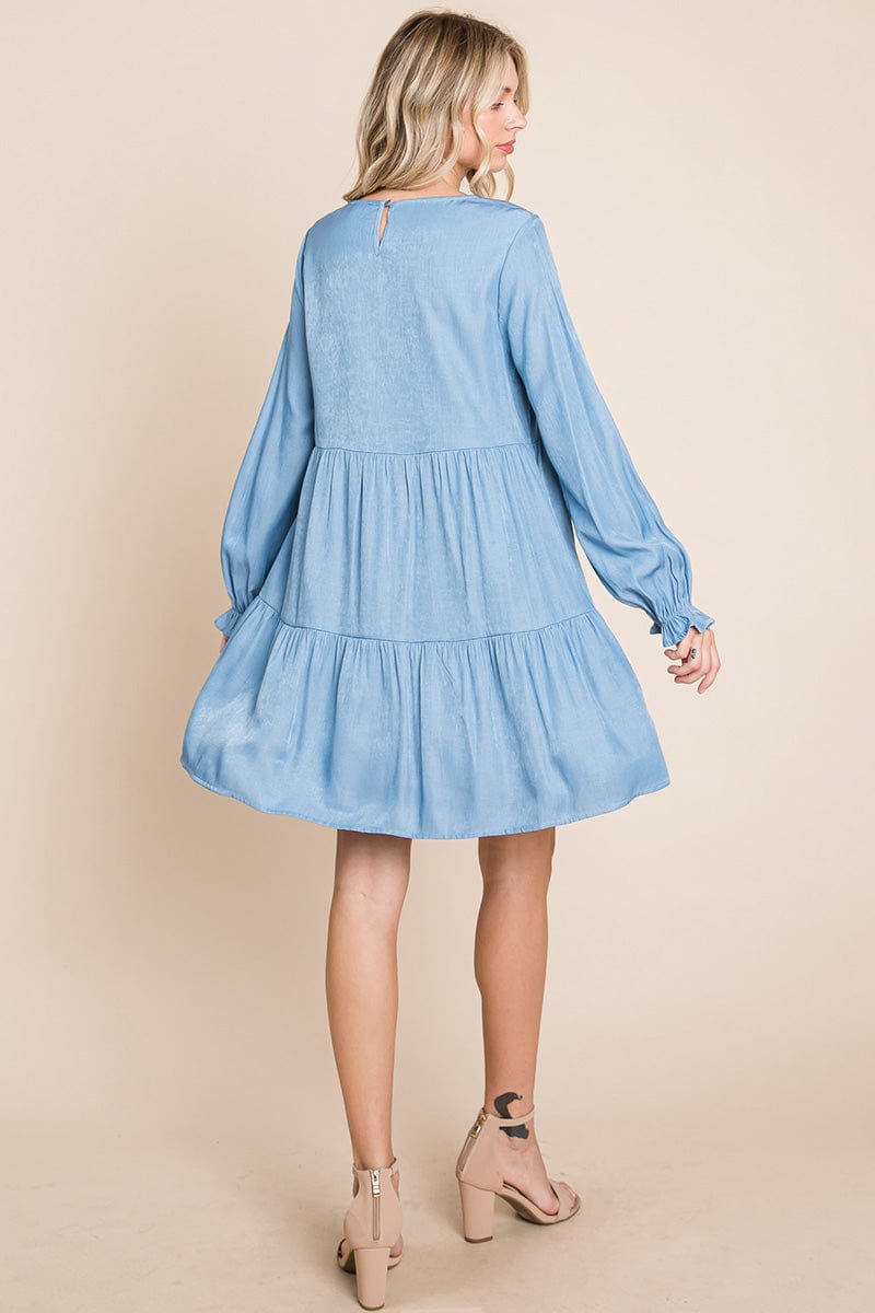 Chambray Pleated Tiered Long Sleeve Dress