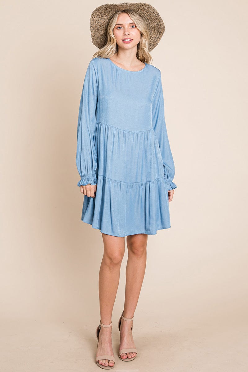 Chambray Pleated Tiered Long Sleeve Dress