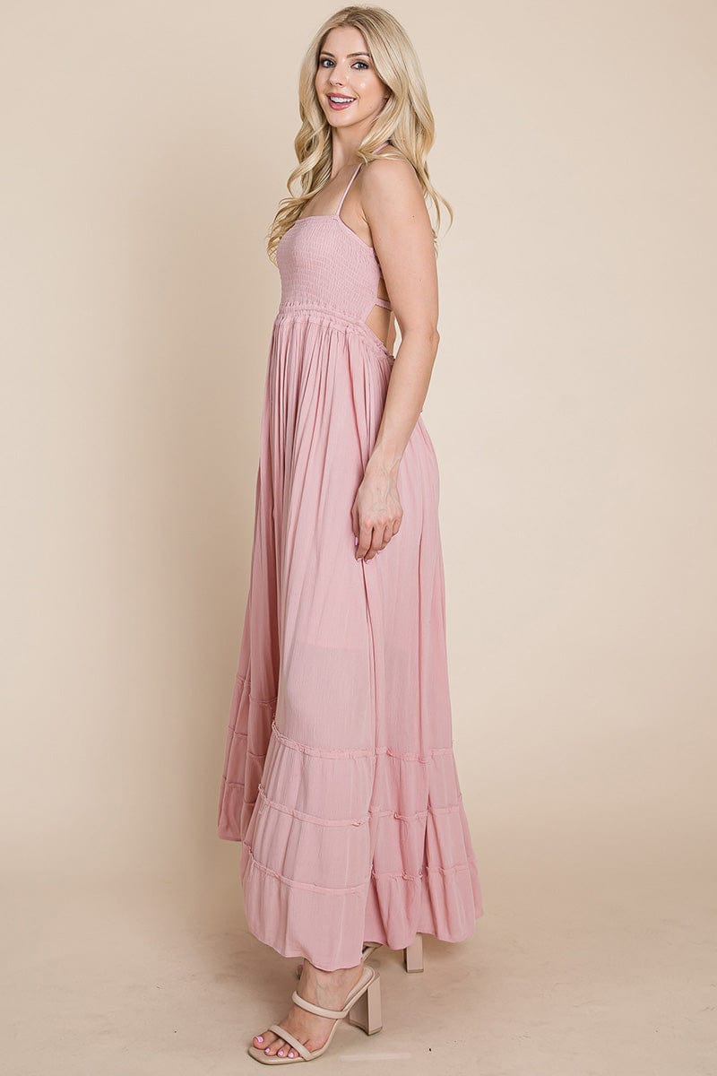 Smocked Flowy Boho Pleated Backless Maxi Dress