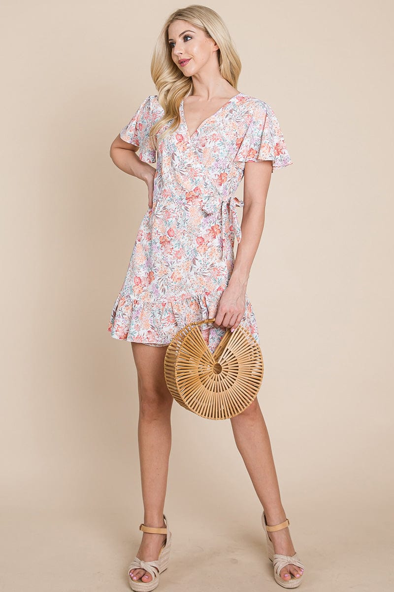 Floral Ruffled Asymmetrical Hem Wrap Dress