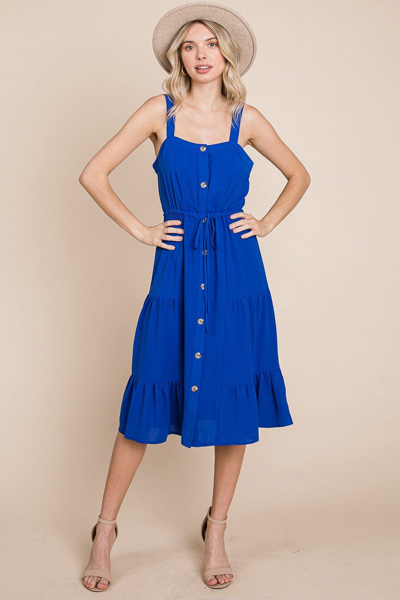 Tiered Square Neck Ruffled Button Midi Sundresses