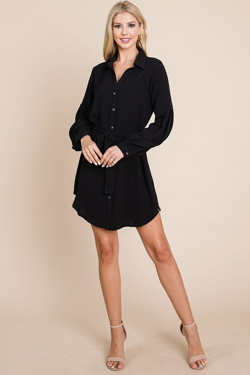 Collared Button Down Tie Belt Shirt Dress