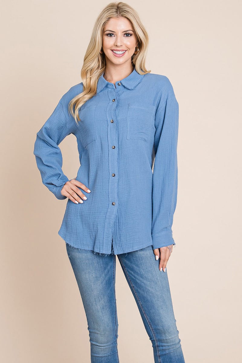 Textured Cotton Raw Edge Gauze Blouse Tops Shirts