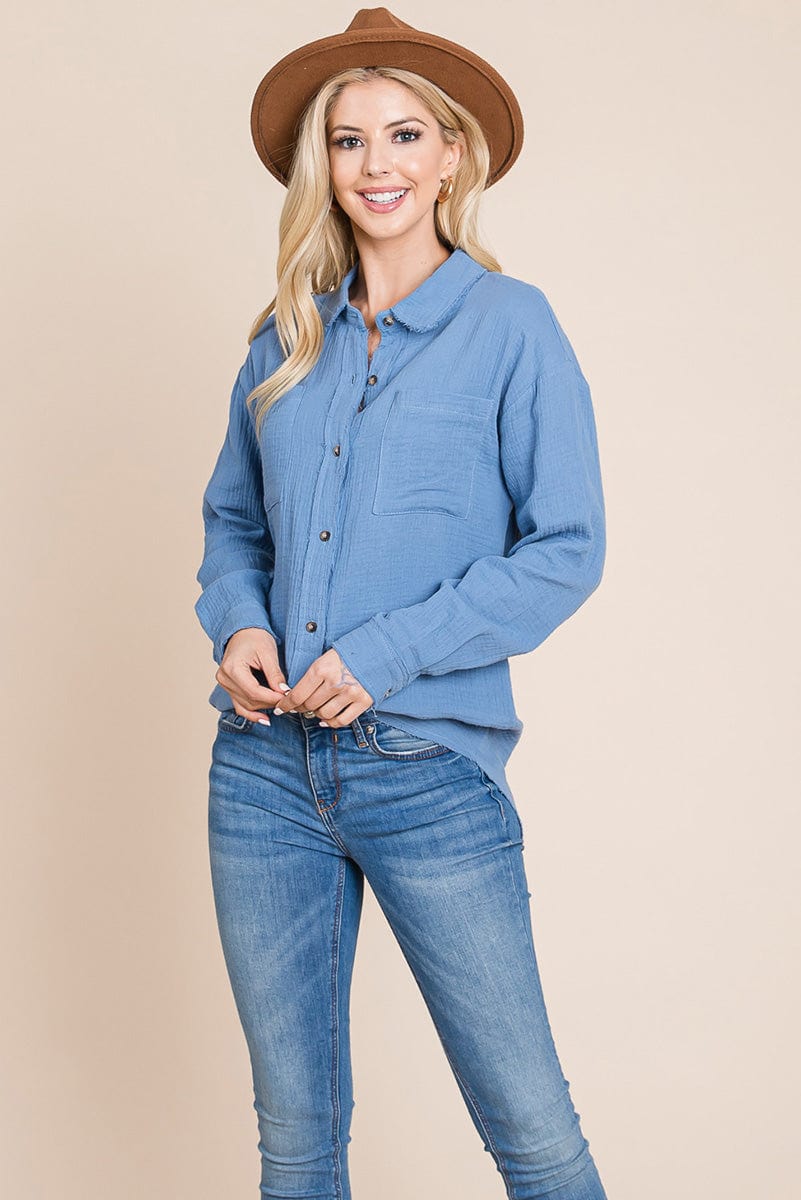 Textured Cotton Raw Edge Gauze Blouse Tops Shirts