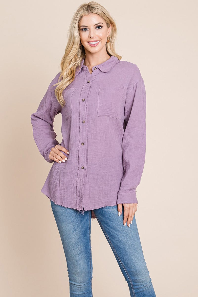 Textured Cotton Raw Edge Gauze Blouse Tops Shirts