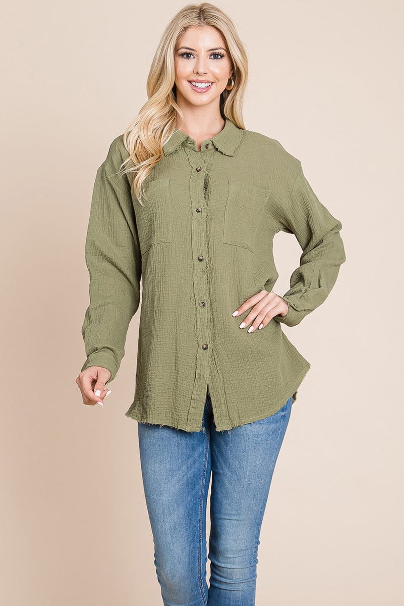 Textured Cotton Raw Edge Gauze Blouse Tops Shirts