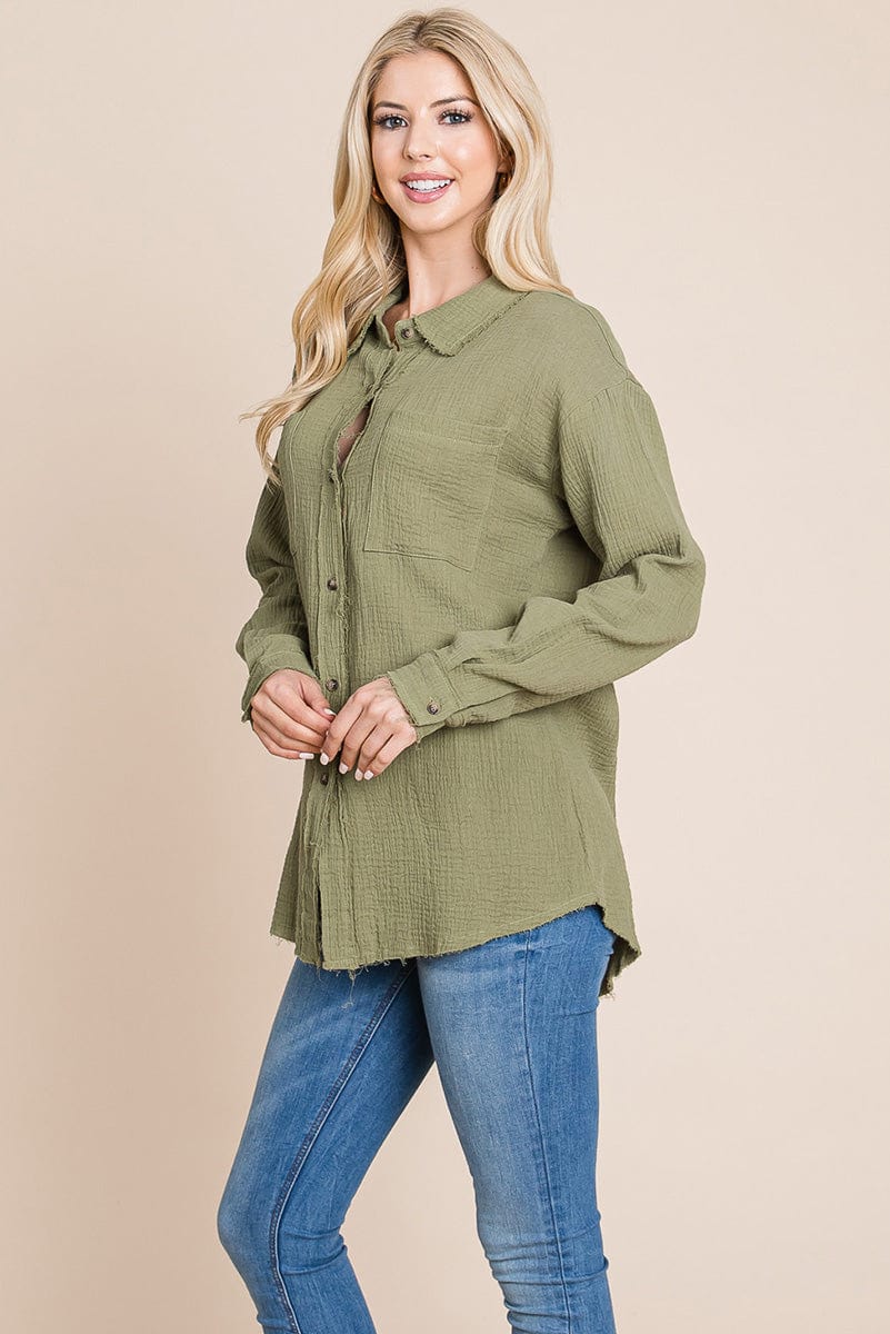 Textured Cotton Raw Edge Gauze Blouse Tops Shirts