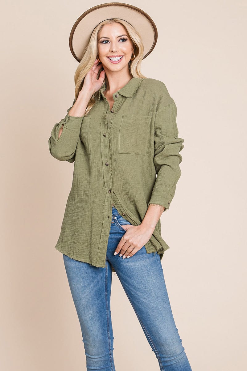 Textured Cotton Raw Edge Gauze Blouse Tops Shirts