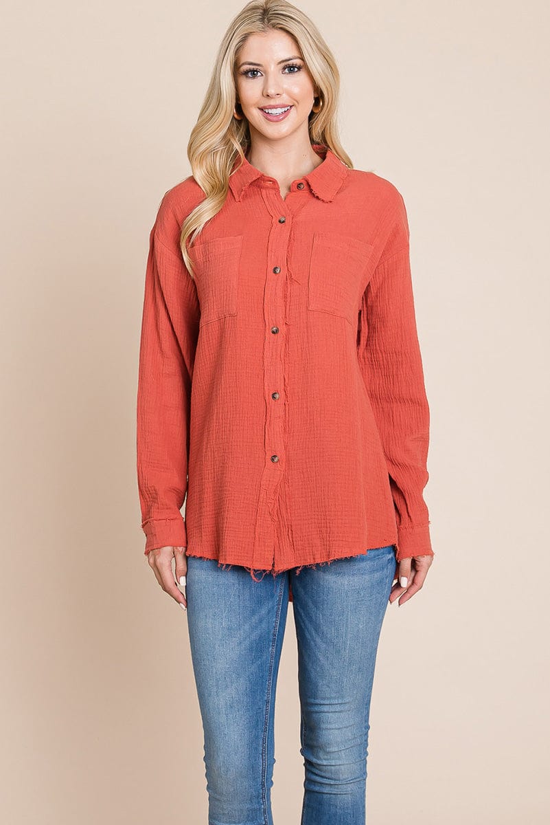 Textured Cotton Raw Edge Gauze Blouse Tops Shirts