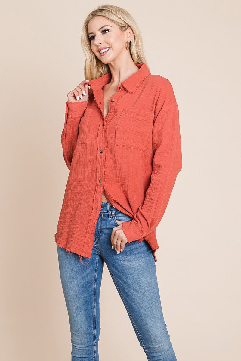 Textured Cotton Raw Edge Gauze Blouse Tops Shirts