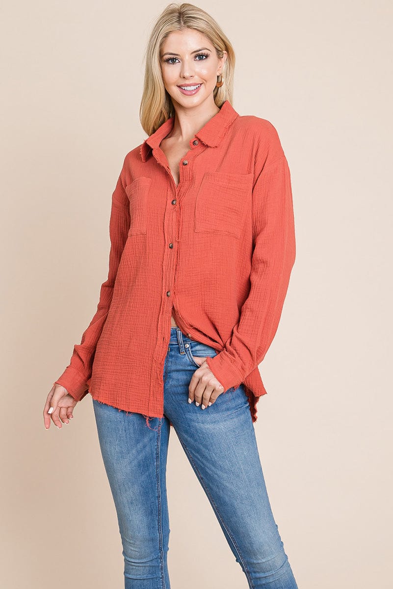 Textured Cotton Raw Edge Gauze Blouse Tops Shirts