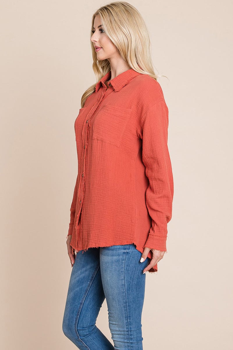 Textured Cotton Raw Edge Gauze Blouse Tops Shirts