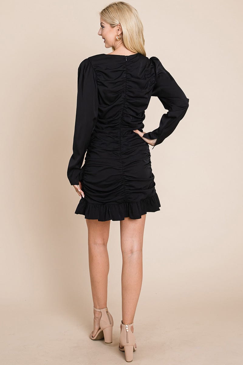 Long Sleeve Ruched Frill Hem Mini Dress