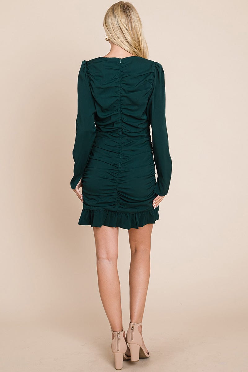 Long Sleeve Ruched Frill Hem Mini Dress