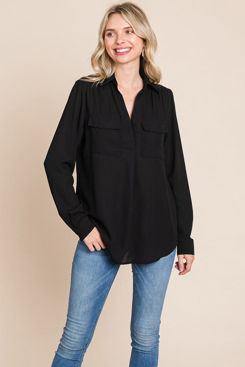 V neck Collared Pocket Detail Blouse Shirts