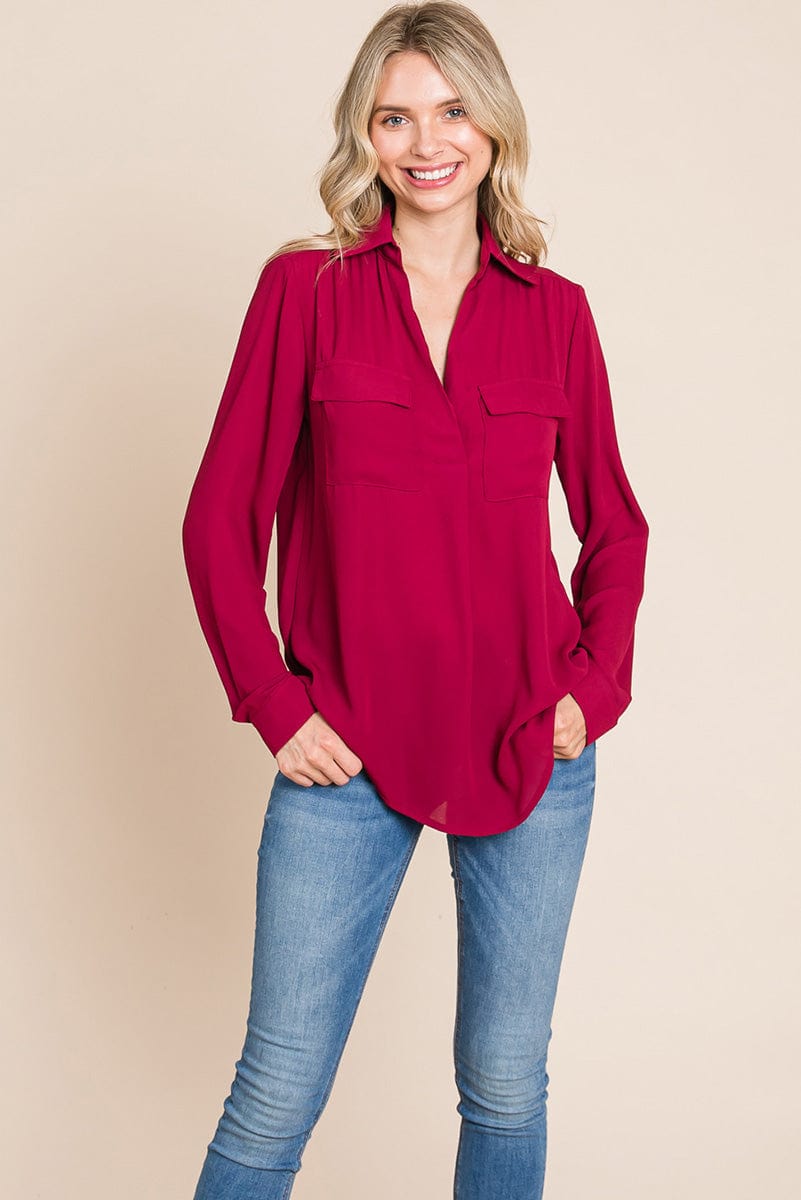 V neck Collared Pocket Detail Blouse Shirts