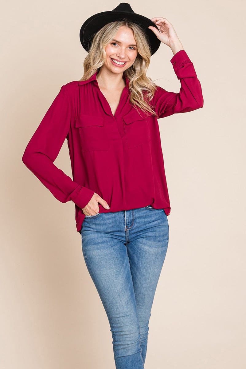 V neck Collared Pocket Detail Blouse Shirts