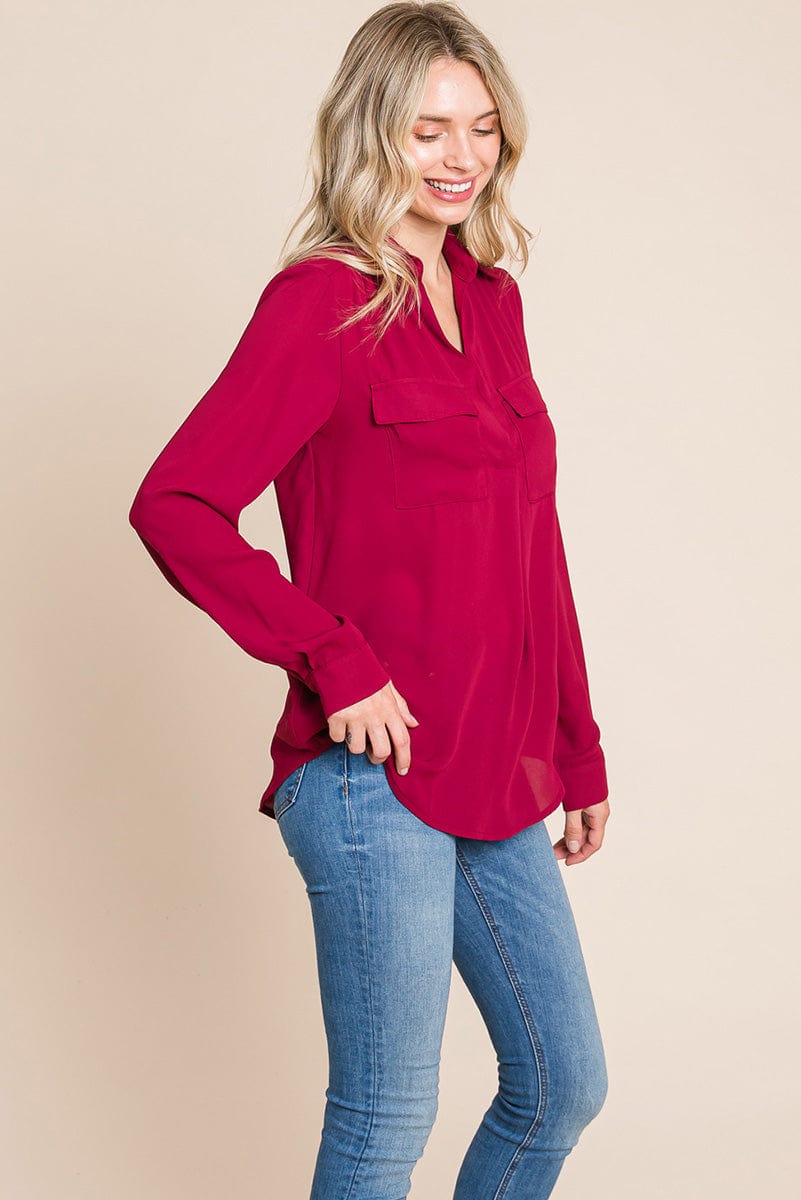 V neck Collared Pocket Detail Blouse Shirts