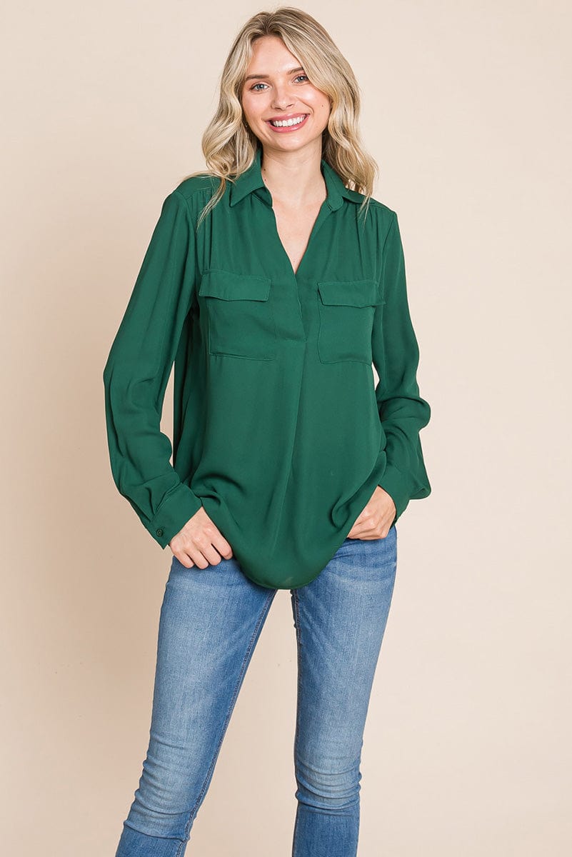 V neck Collared Pocket Detail Blouse Shirts