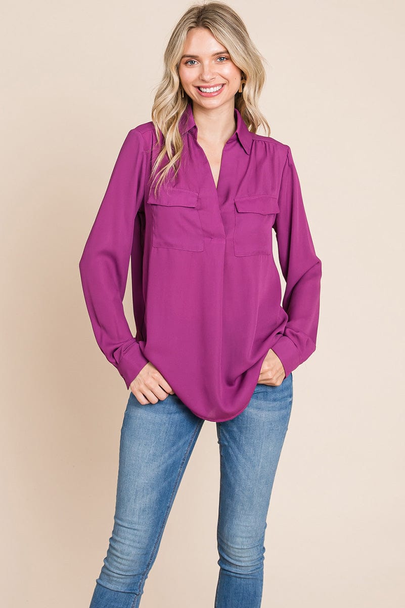 V neck Collared Pocket Detail Blouse Shirts